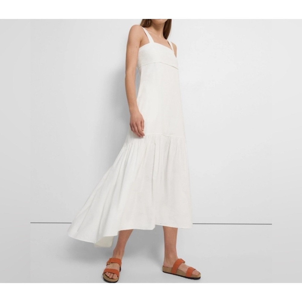 Theory Tie Back Midi‎ Dress White Eco Crunch Wash Linen/Viscose Size Small NWT